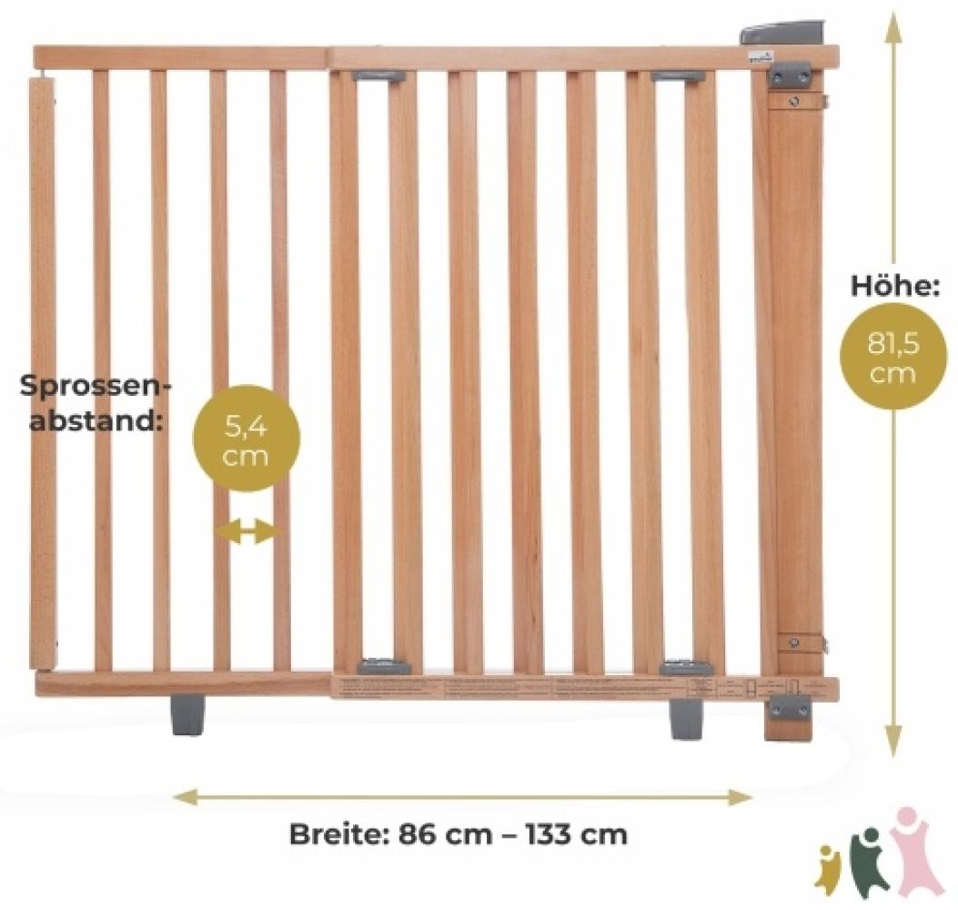 Geuther 2734+ ECO schwenkbares Türschutzgitter Passung: 86 cm - 133 cm |TÜV/GS zertifiziert Türgitter Treppenschutzgitter zum Bohren Babygitter stufenlos einstellbar unbehandeltes Holz Bild 1