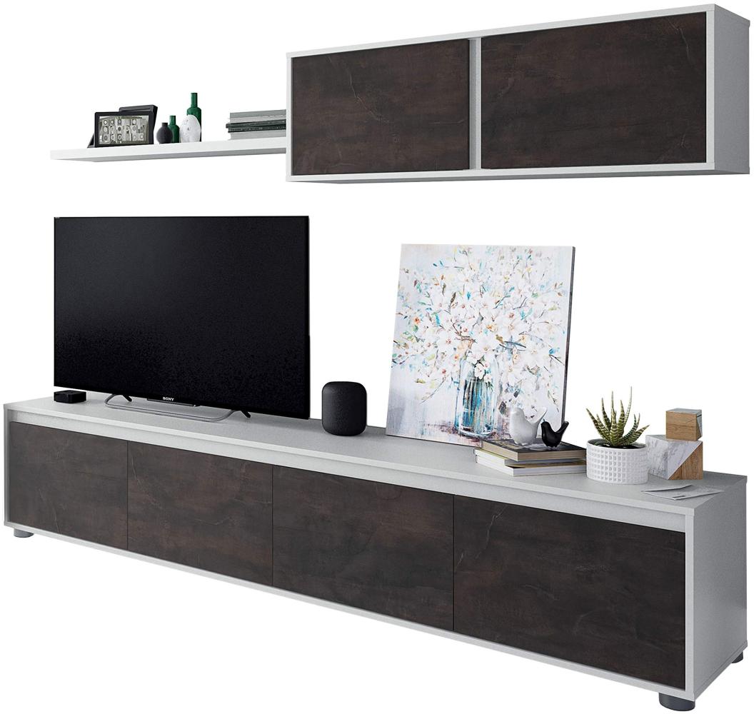 Wohnzimmer-TV-Schrank mit vier Türen, mit Hängeschrank und Regal, dunkelbraun und glänzend weiß, TV-Schrankmaß 200 x 43 x 41 cm Hängeschrank 105 x 35 x 29 cm Regal 95 x 3 x 21 cm Bild 1