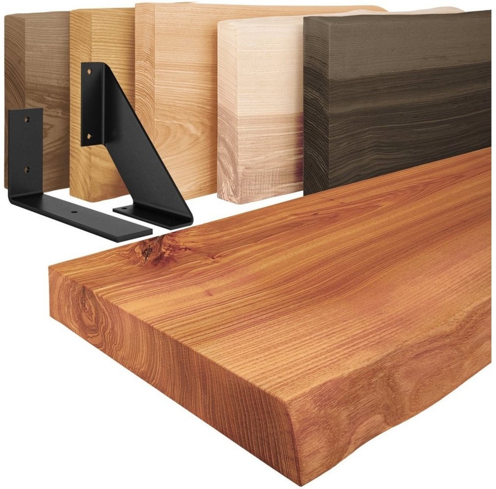 LAMO Manufaktur Wandregal Holz Baumkante Regal Farbe: Dunkel mit weißem Basic Regalträger 40 cm, Komplett-Set, 40mm stake Massivholzplatte Bild 1