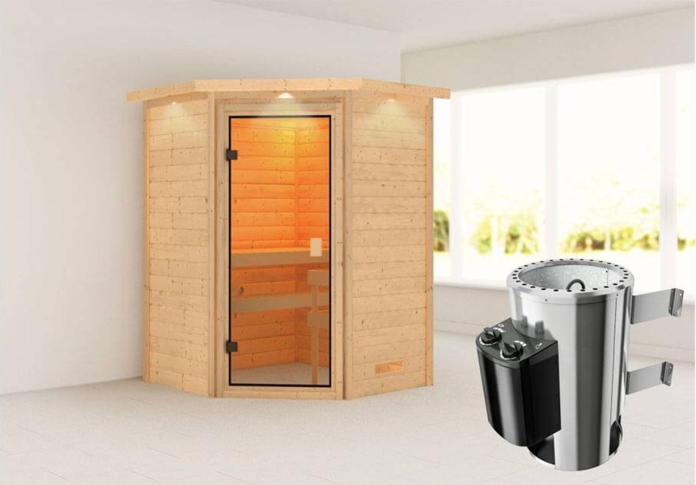 Karibu Ecksauna Antonia mit Dachkranz + 3,6kW Plug&Play Ofen integrierte Steuerung Bild 1