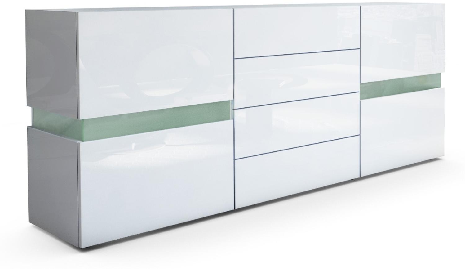 Vladon Sideboard Flow, Weiß Hochglanz/Weiß Hochglanz - Moderne Kommode mit Ambient Light Verglasung für Ihr Wohnbereich (177 x 75 x 39 cm) Bild 1