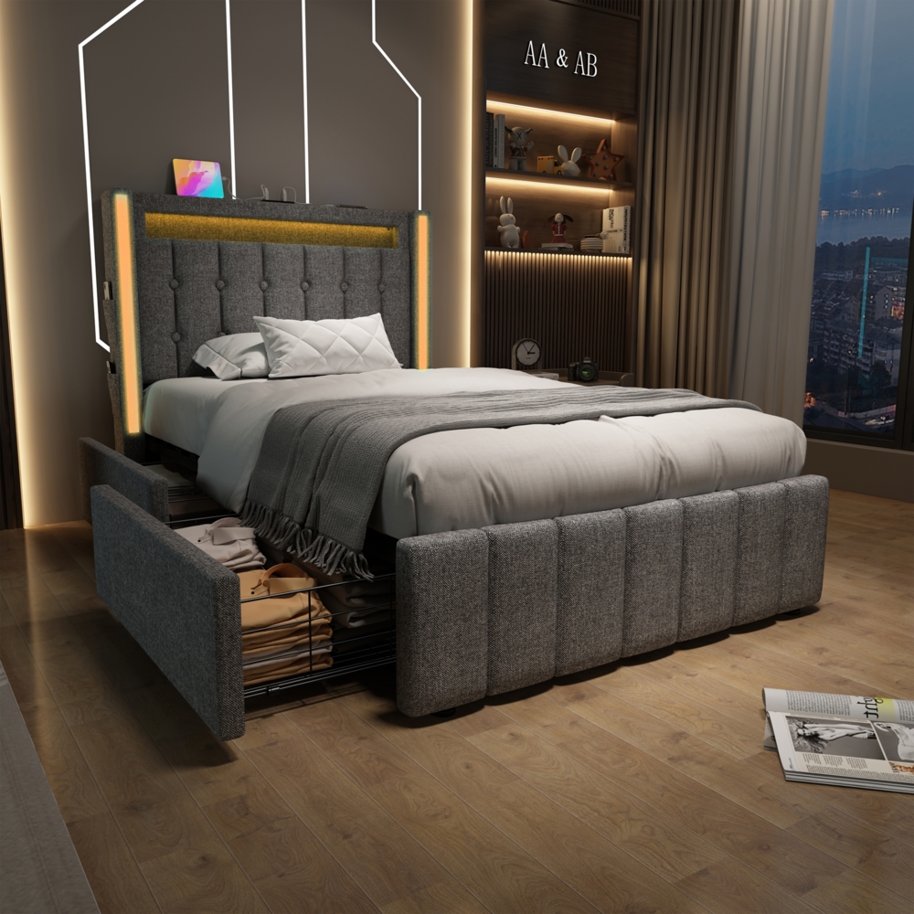 Polsterbett 90x200 cm mit USB- und Type-C-Anschlüssen sowie LED-Beleuchtung und 2 Schubladen Bild 1