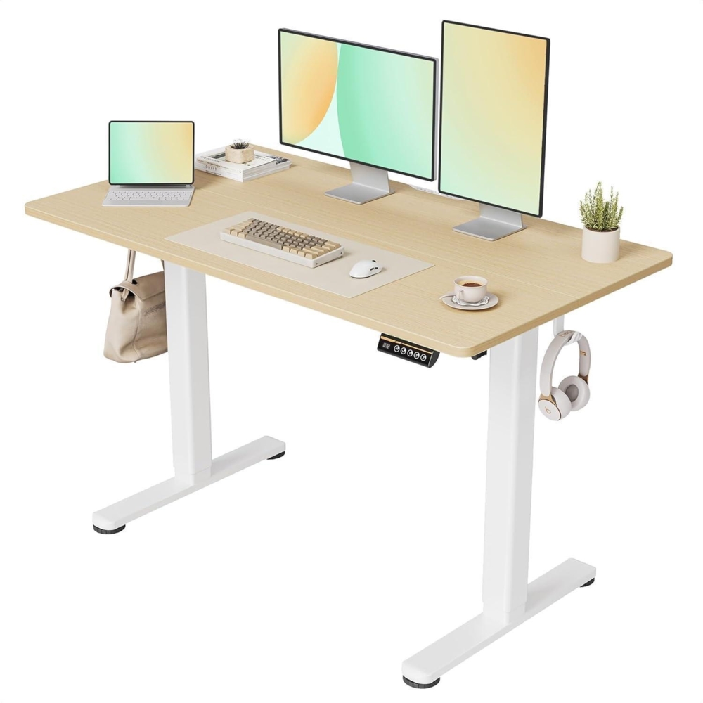 Höhenverstellbarer Schreibtisch 120x60 cm Standing Desk Weiß/Beige Bild 1