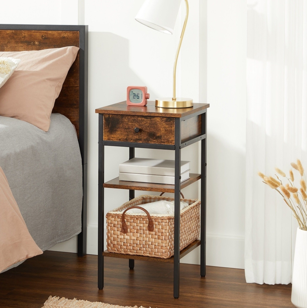 Vasagle Nachttisch mit Schublade und 2 Ablagen, Holz / Stahl vintagebraun-schwarz, 35 x 35 x 70 cm Bild 1