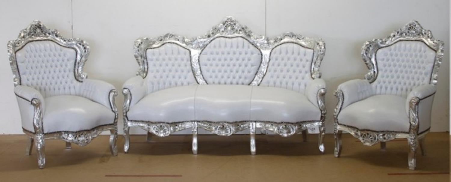 Casa Padrino Barock Sofa Garnitur Weiß Lederoptik / Silber + 2 Sessel - Wohnzimmer Barock Bild 1