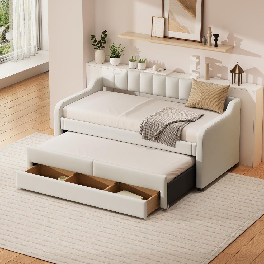 Merax 90 x 200 cm (190 cm) Tagesbett, gepolstertes Einzel-Tagesbett mit Rollcontainer, Tagesbett mit Schubladen, Beige Bild 1