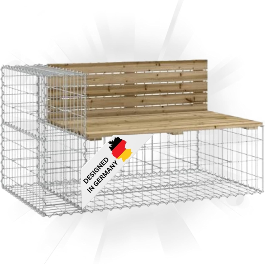 DELUKE® Gartenbank Gabionen INO aus Stahl 122x71x65,5cm Kiefernholz Braun Gabionenbank Gartenbank mit Sitzfläche aus Gabionen Steinkorb Gabionengitter Ziergabione Drahtkorb befüllbar Bild 1