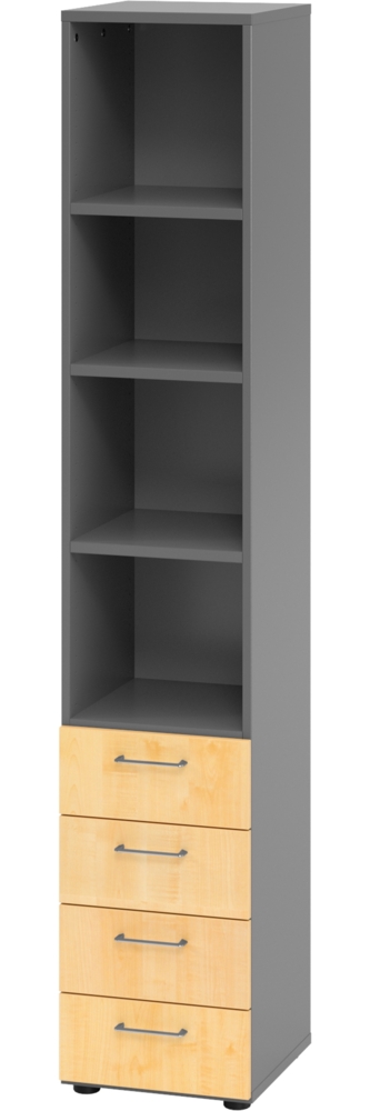 bümö smart Schubladenschrank, Büroschrank in Graphit/Ahorn mit 4 Schüben & 4 Regalfächern - Bürocontainer aus Holz, Container mit Metallgriffen & Soft-Stop Schubladen, 964S4-G-3-BS Bild 1