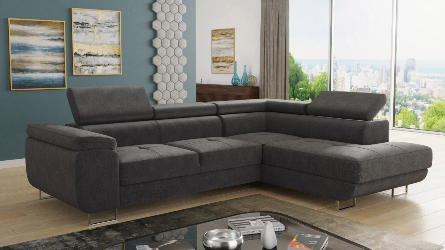 Ecksofa Caris mit Schlaffunktion, Bettkasten und einstellbare Kopfstützen (Grau (Kronos 22), Ecksofa Rechts) Bild 1