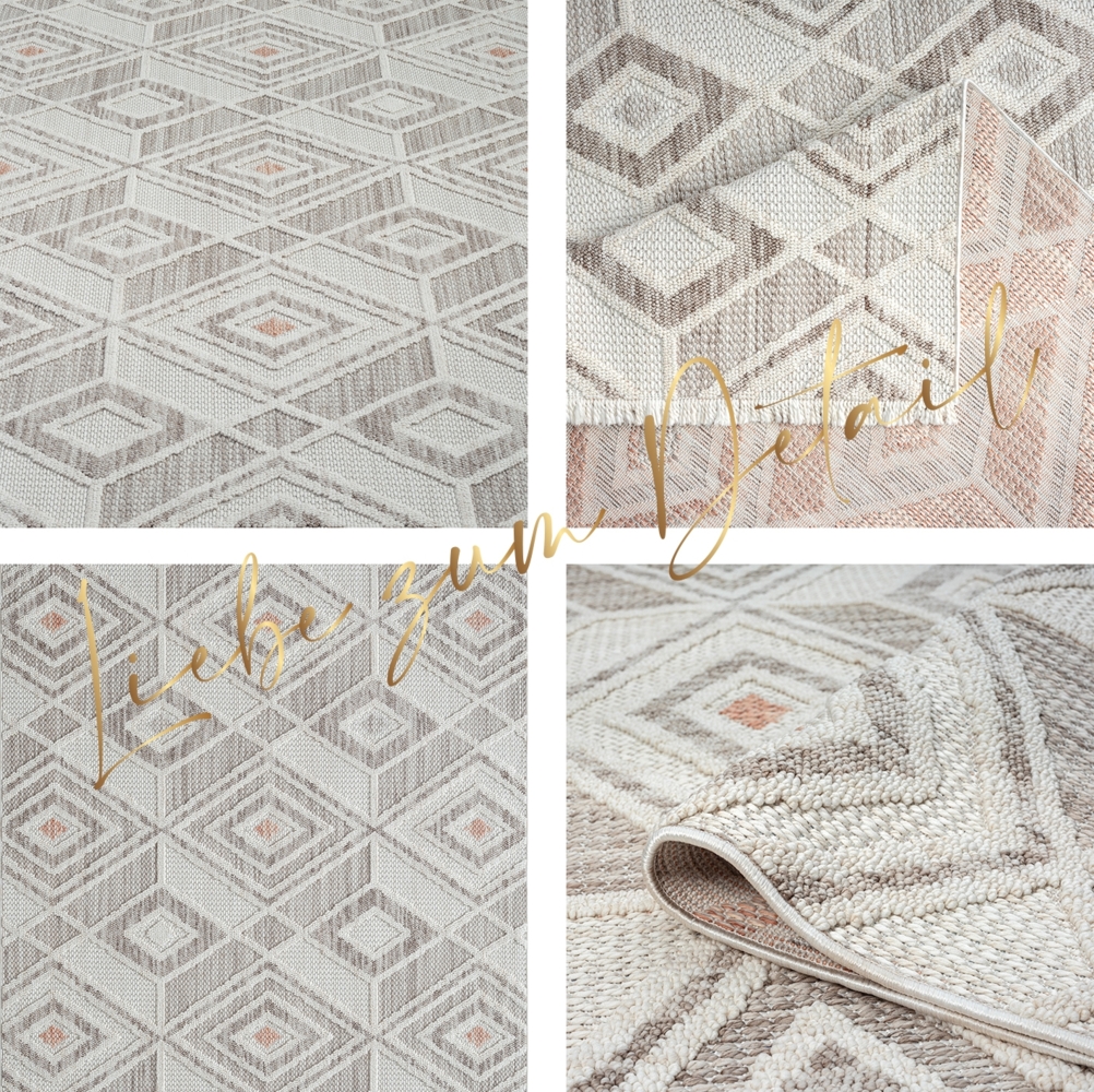 Teppich Wohnzimmer - 160x230cm - Beige Terra - Boho-Style mit Fransen - Rauten Muster - Flachflor Wohnteppich Schlafzimmer Deko Bild 1