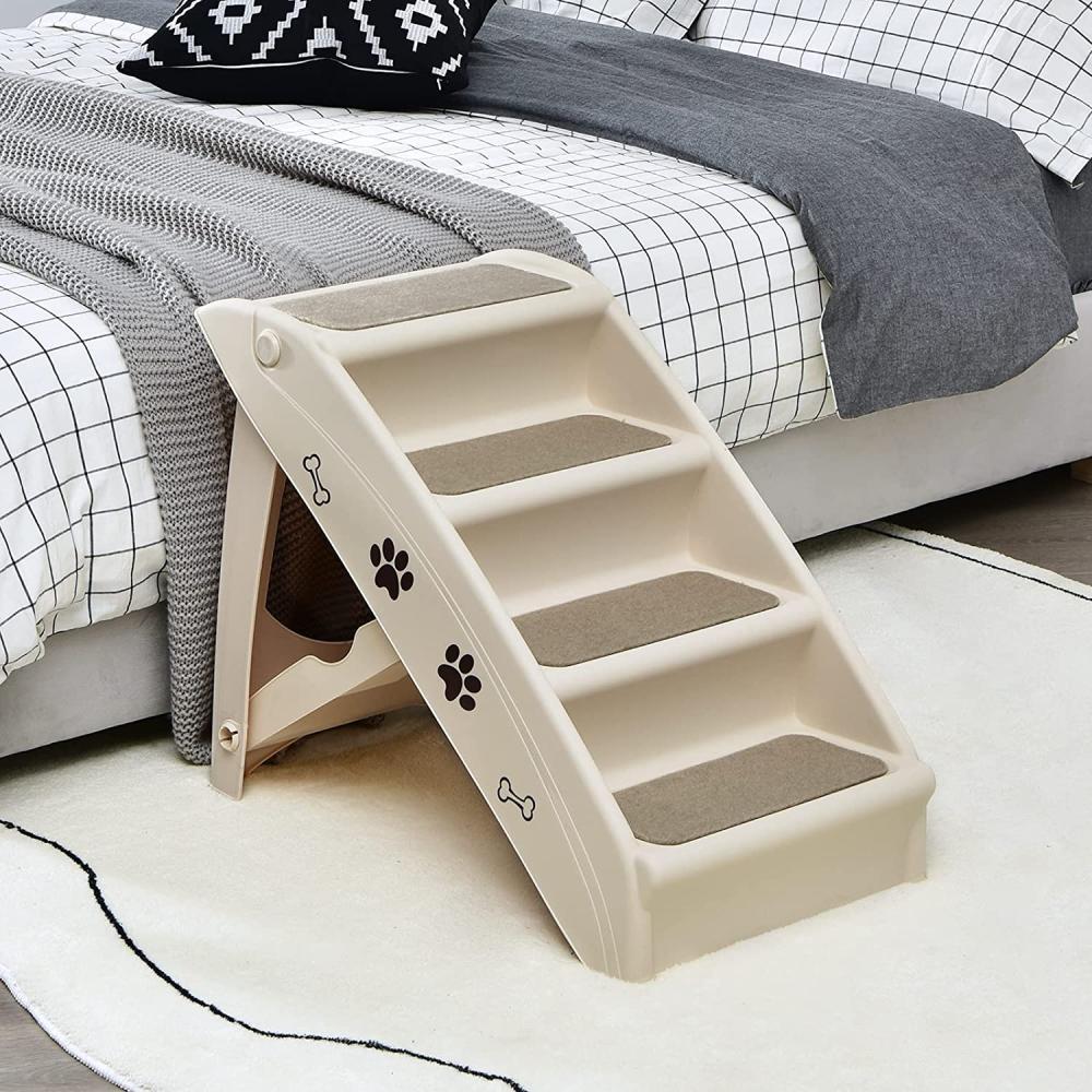 COSTWAY 4-stufige Haustiertreppe mit Teppichboden, Hundetreppe Kunststoff Katzentreppe faltbar, Hunderampe tragbar Tiertreppe für Hunde und Katzen, Tierrampe zum Klettern und Kratzen (Beige) Bild 1