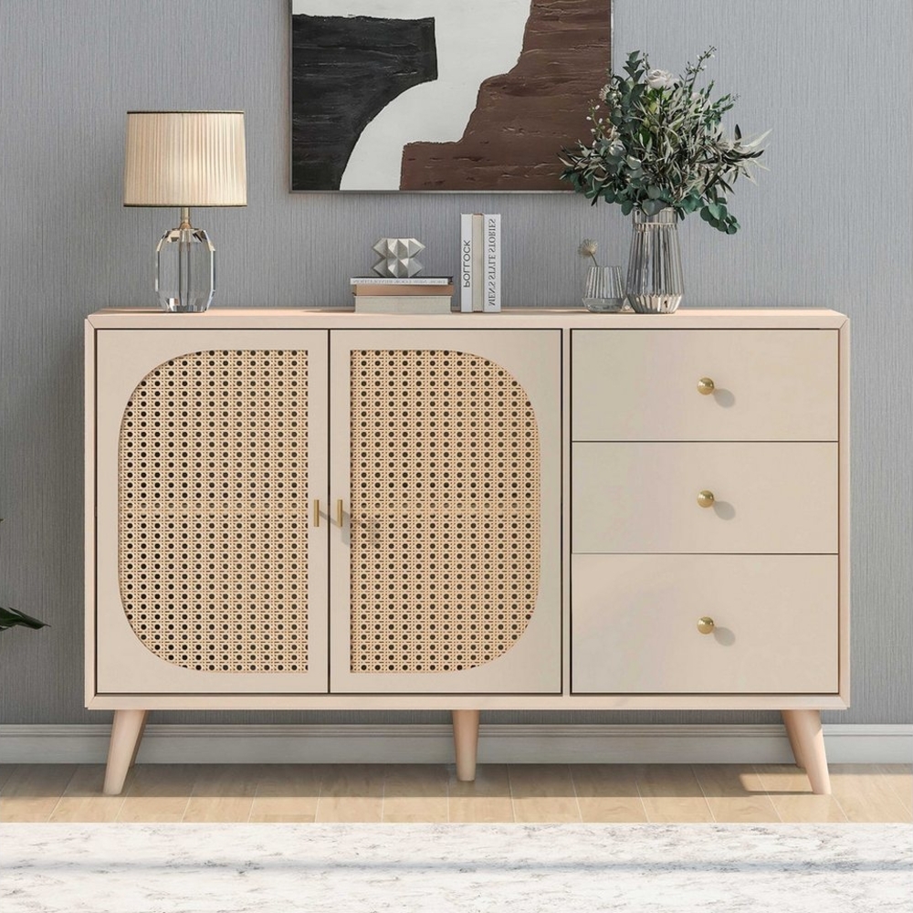 BlingBin Sideboard Wohnzimmerschrank Anrichte Esszimmerschrank (1 St, mit 2 Türen und 3 Schubladen,großem Stauraum), 120×40×82.5cm,Creme Bild 1