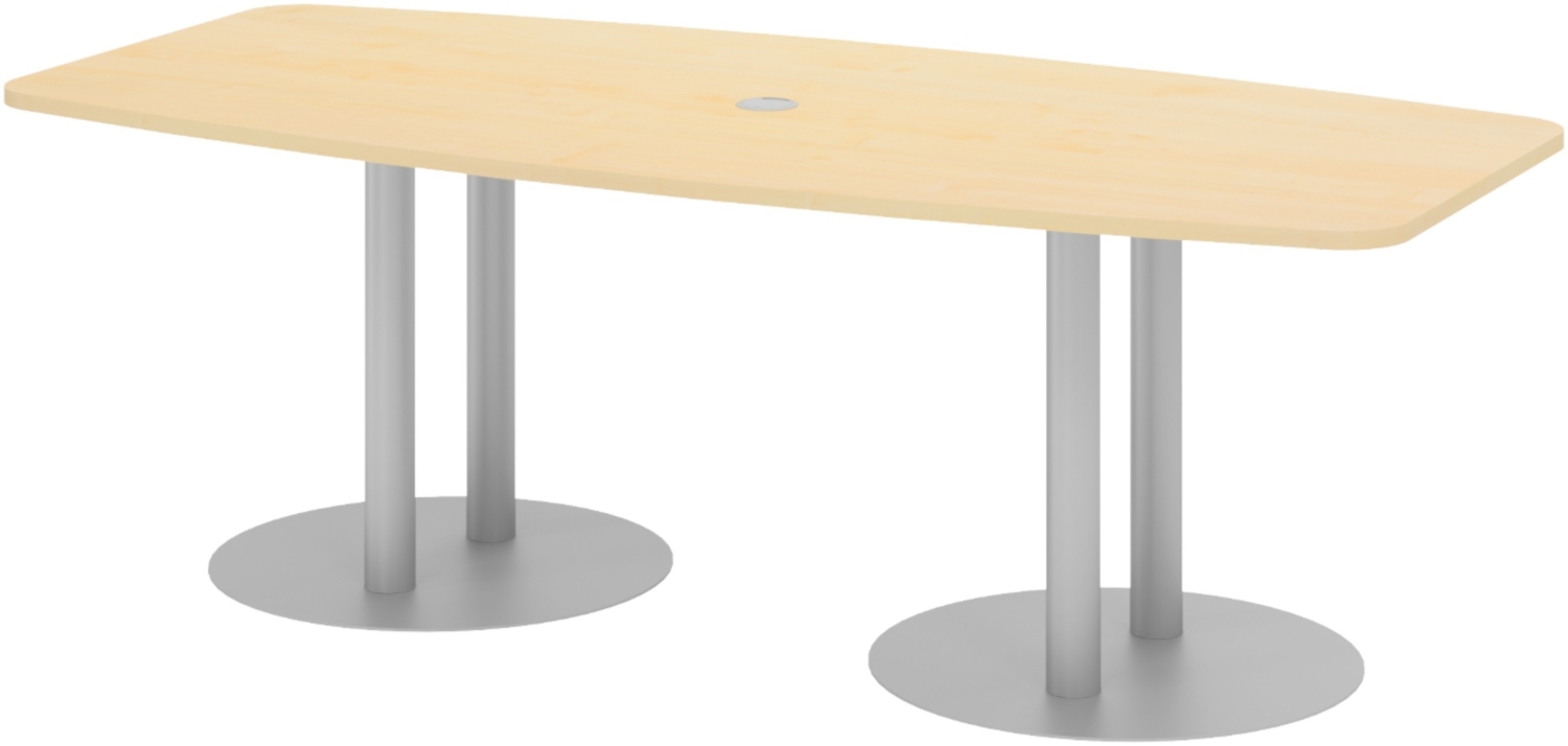 bümö Konferenztisch oval 220x103 cm großer Besprechungstisch in Ahorn, Besprechungstisch mit Säulen in Silber, Meetingtisch für 8 Personen, XL-Tisch für Besprechungsraum & Meeting, KT22S-3-S Bild 1