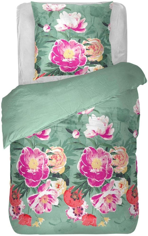 Bettwäsche 2-tlg. ( Frühjahrsblumen Grün ) 100% Satin Baumwolle, 135x200cm und 80x80cm Set, kuschelig weicher Bettbezug - mit Reißverschluss Bild 1