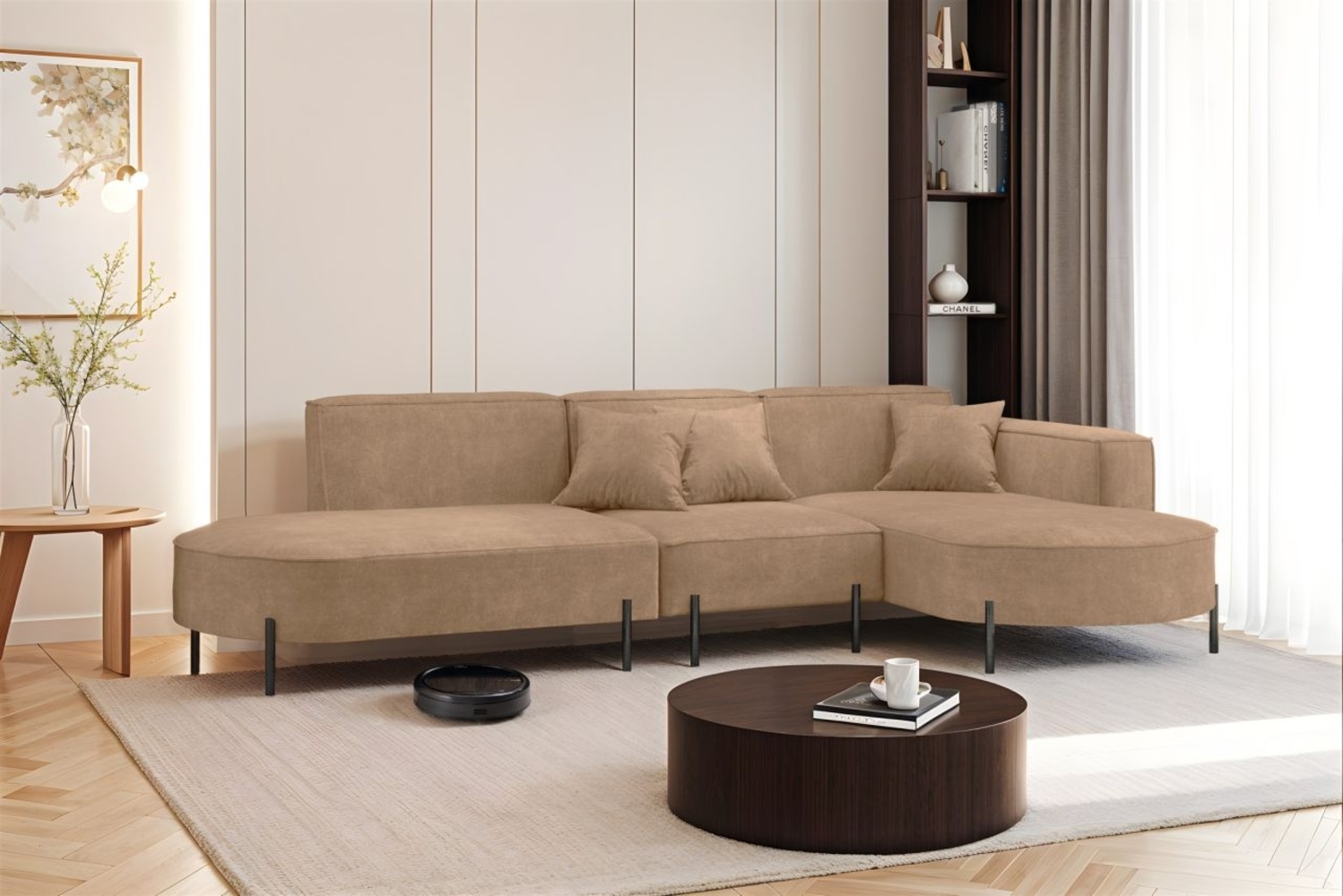 Ecksofa Designersofa VALENCIA in Stoff Noel Braun Ottomane Rechts Bild 1