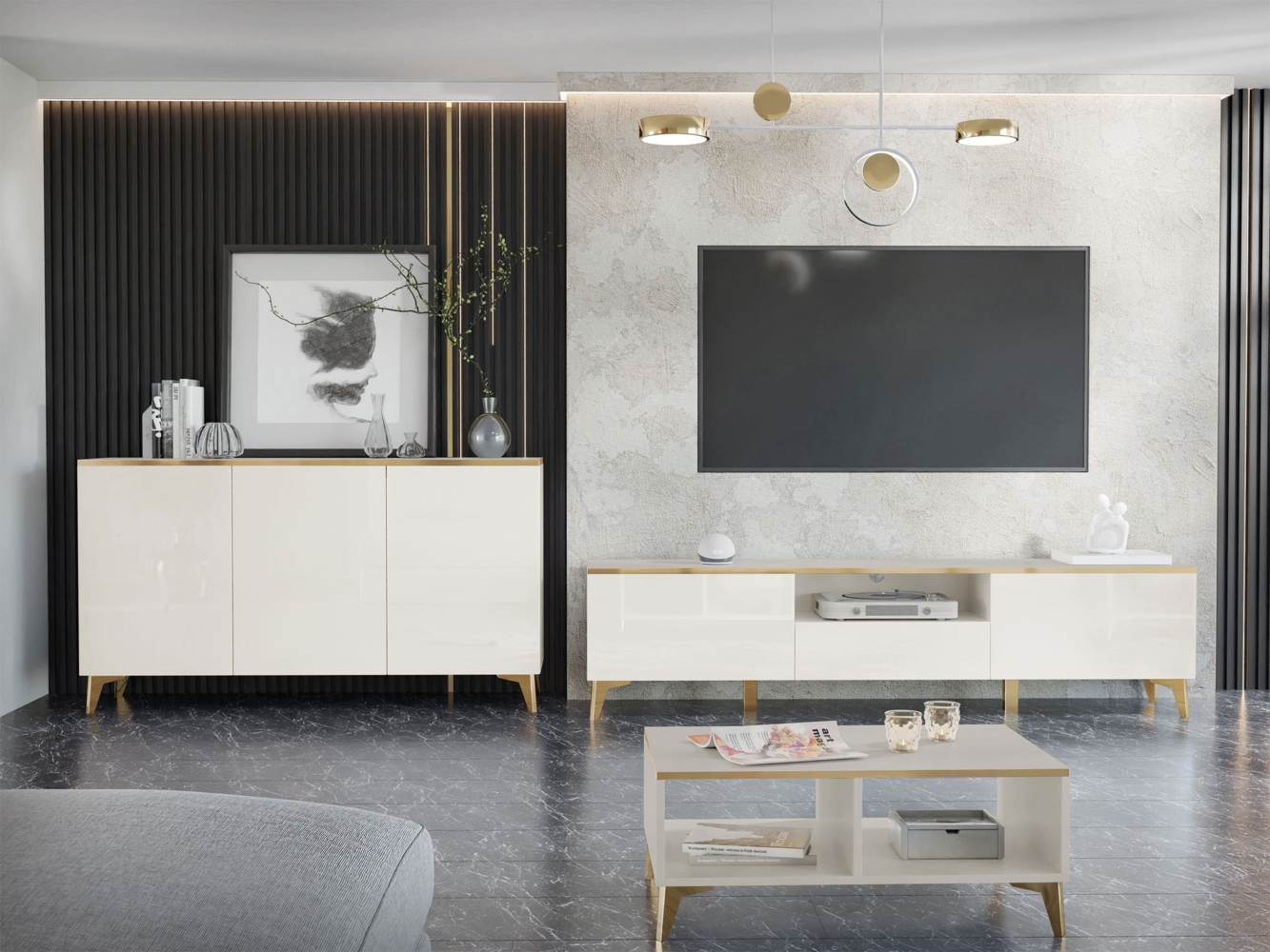 Wohnzimmer-Set Aurora I Kommode, TV-Lowboard, Couchtisch (Farbe: Beige / Beige Hochglanz + Gold) Bild 1