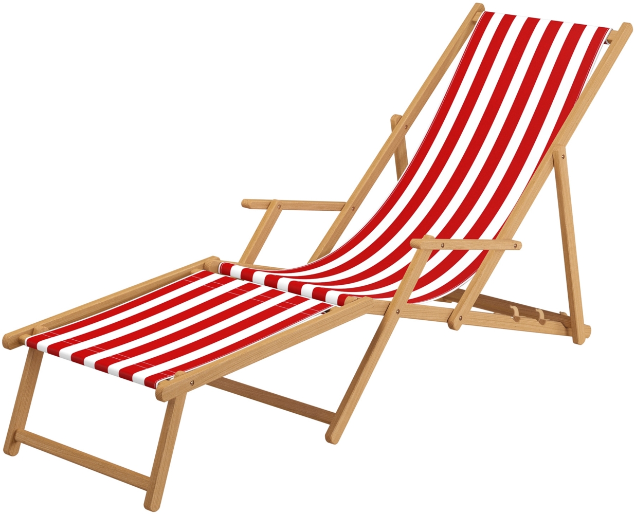 Liegestuhl rot-weiß Gartenliege Strandliege Buche natur Fußteil Tisch Kissen 10-314 N F T KD Bild 1