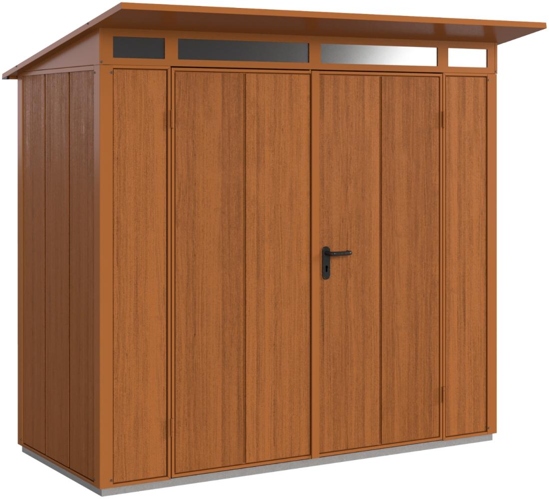 Hörmann Metall-Gerätehaus Berry Modern mit Pultdach Typ 1, 248 x 153 cm, golden oak, 3,8 m²,2-flüglige Tür Bild 1