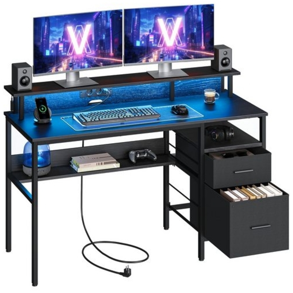 Vasagle Schreibtisch mit Schubladen, Computertisch mit Monitorständer, LED-Beleuchtung, 55 x 135 x 90 cm, eingebaute Steckdosen, 2 USB-Anschlüsse, für Homeoffice, ebenholzschwarz LWDDE094B56 Bild 1