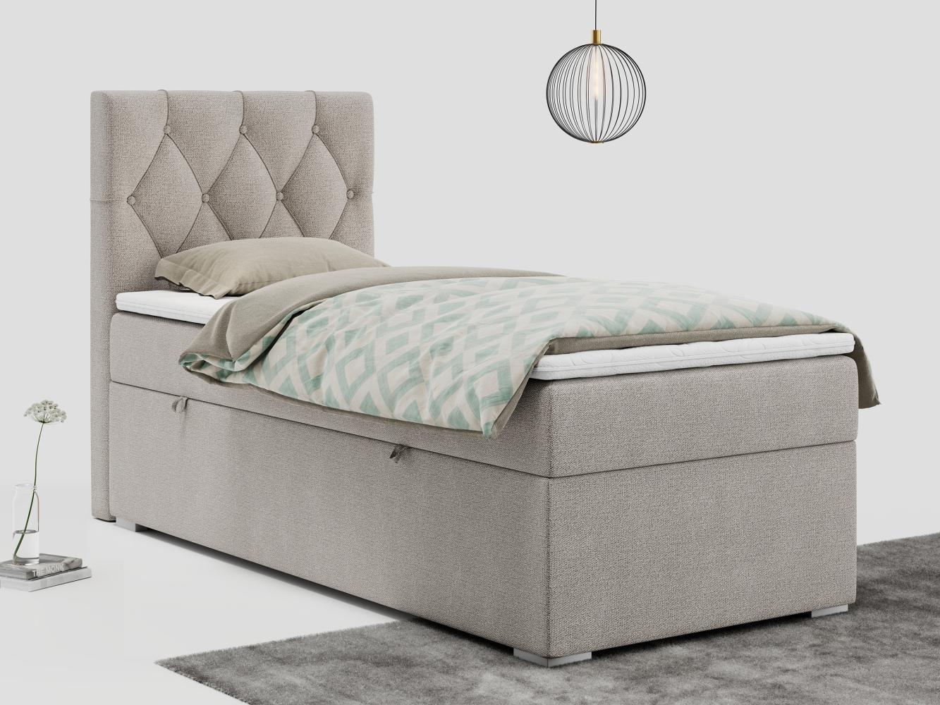 Boxspringbett ALDA, Einzelbett mit gestepptem Kopfteil und einem Bettkasten, 90x200 - Beige Stoff - links - H3 Bild 1