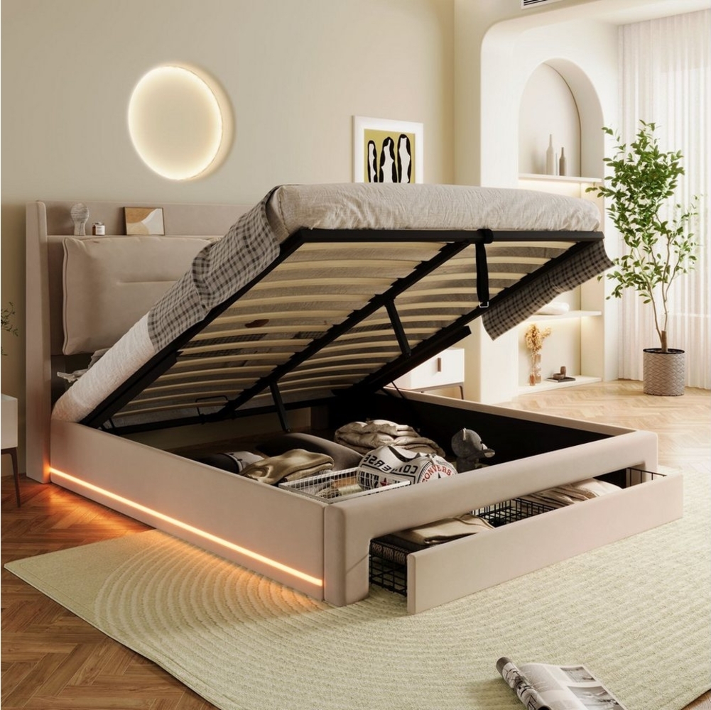 Flieks Polsterbett, LED Hydraulisches Stauraumbett Doppelbett 160x200cm Samt mit Schublade Bild 1