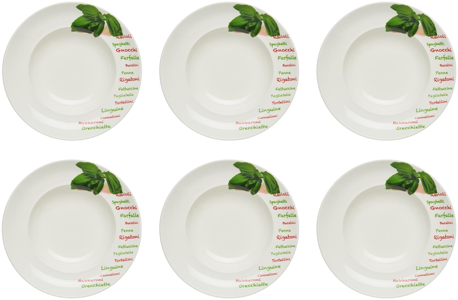 KHG 6er Set Pastateller, extra groß mit 30cm Durchmesser in Basilikum Print, perfekt für Gastro und Zuhause, hochwertiges Porzellan, Suppenteller, Salatteller, Spülmaschinengeeignet Bild 1