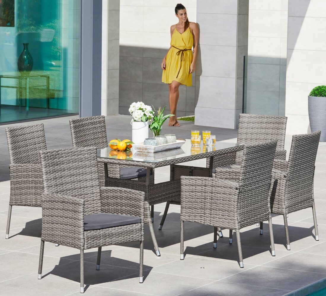 MERXX Garten-Essgruppe Costa Rica, TOPSELLER!, (13-tlg, 6x Sessel, 1x Tisch 140x80 cm, inkl. Sitzkissen, OTTOs Choice), Polyrattan, Tischplatte aus Sicherheitsglas, Unser Dauertiefpreis Bild 1