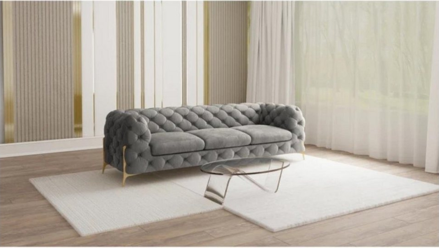 S-Style Möbel Chesterfield-Sofa 3-Sitzer Ashley mit Goldene Metall Füßen, mit Wellenfederung Bild 1