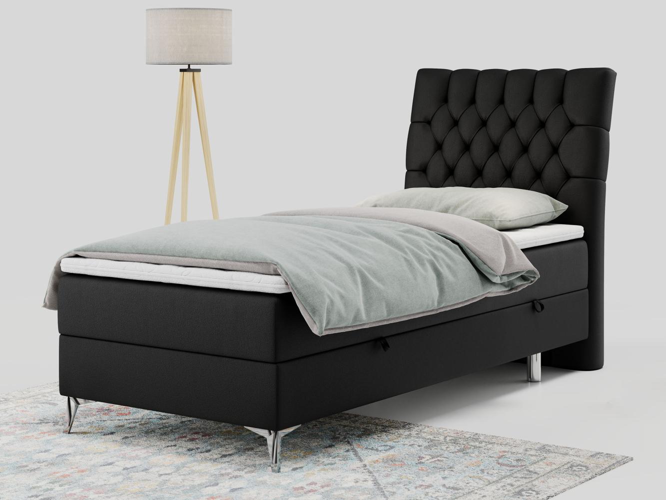 Boxspringbett MILEN, Einzelbett 90x200, Polsterbett mit Multipocket-Matratze und Topper - Schwarz Kunstleder - rechts - H3 Bild 1