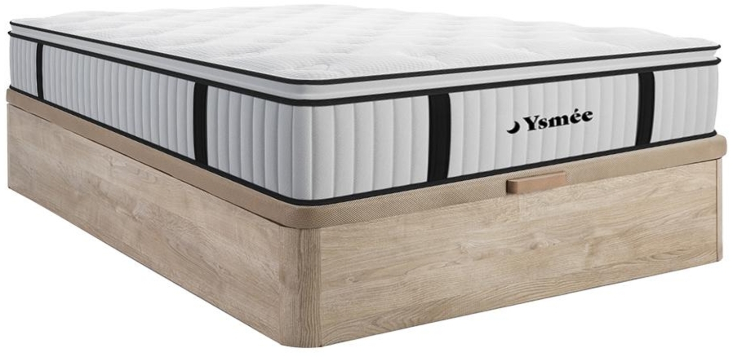 Vente-unique - Set aus Bettgestell mit Bettkasten + Taschenfederkernmatratze & Topper - 160 x 200 cm - Stärke 28 cm - Holzfarben hell - AMERICAN DREAM von YSMÉE Bild 1