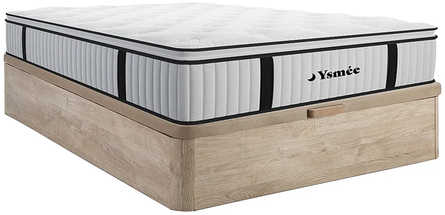 Vente-unique - Set aus Bettgestell mit Bettkasten + Taschenfederkernmatratze & Topper - 160 x 200 cm - Stärke 28 cm - Holzfarben hell - AMERICAN DREAM von YSMÉE Bild 1