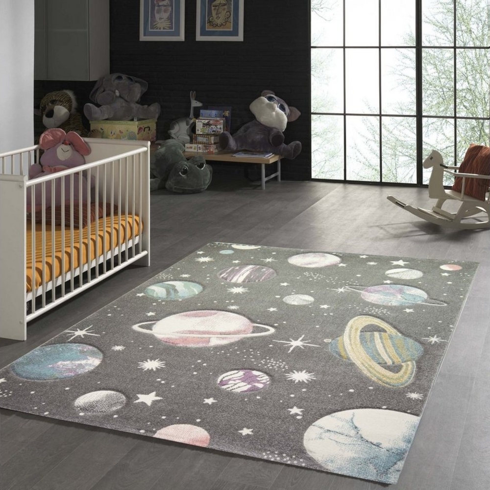 TeppichHome24 Kinderteppich Kinderteppich mit Sternen und Planeten in pastellgrau, rechteckig, Höhe: 1.3 mm Bild 1