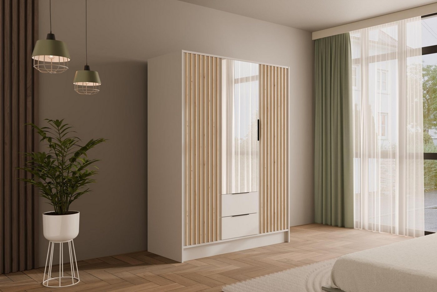 ALTDECOR Drehtürenschrank NELIA (Kleiderschrank Garderobenschrank mit viel Stauraum, Moderner Schrank) Vielseitiger Drehtürenschrank mit Spiegeltüren Spiegel Lamellen Bild 1