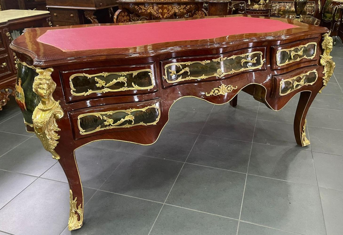 Casa Padrino Barock Massivholz Schreibtisch Braun / Mehrfarbig / Gold / Bordeaux - Prunkvoller Bürotisch im Barockstil - Handgefertigte Barock Büro Möbel Bild 1