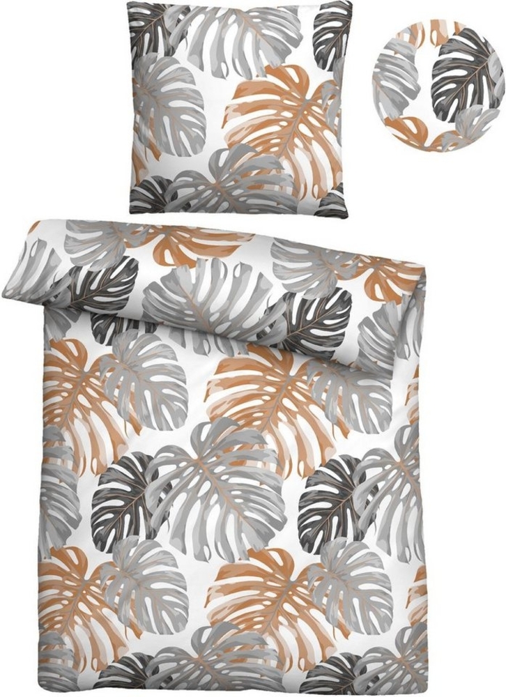 Traumhaft schlafen - Castell - Markenbettwäsche Baumwoll Satin Bettwäsche 0600885 TROPENBLÄTTER, sturmgrau, 1x 155x220 cm + 1x 80x80 cm Bild 1