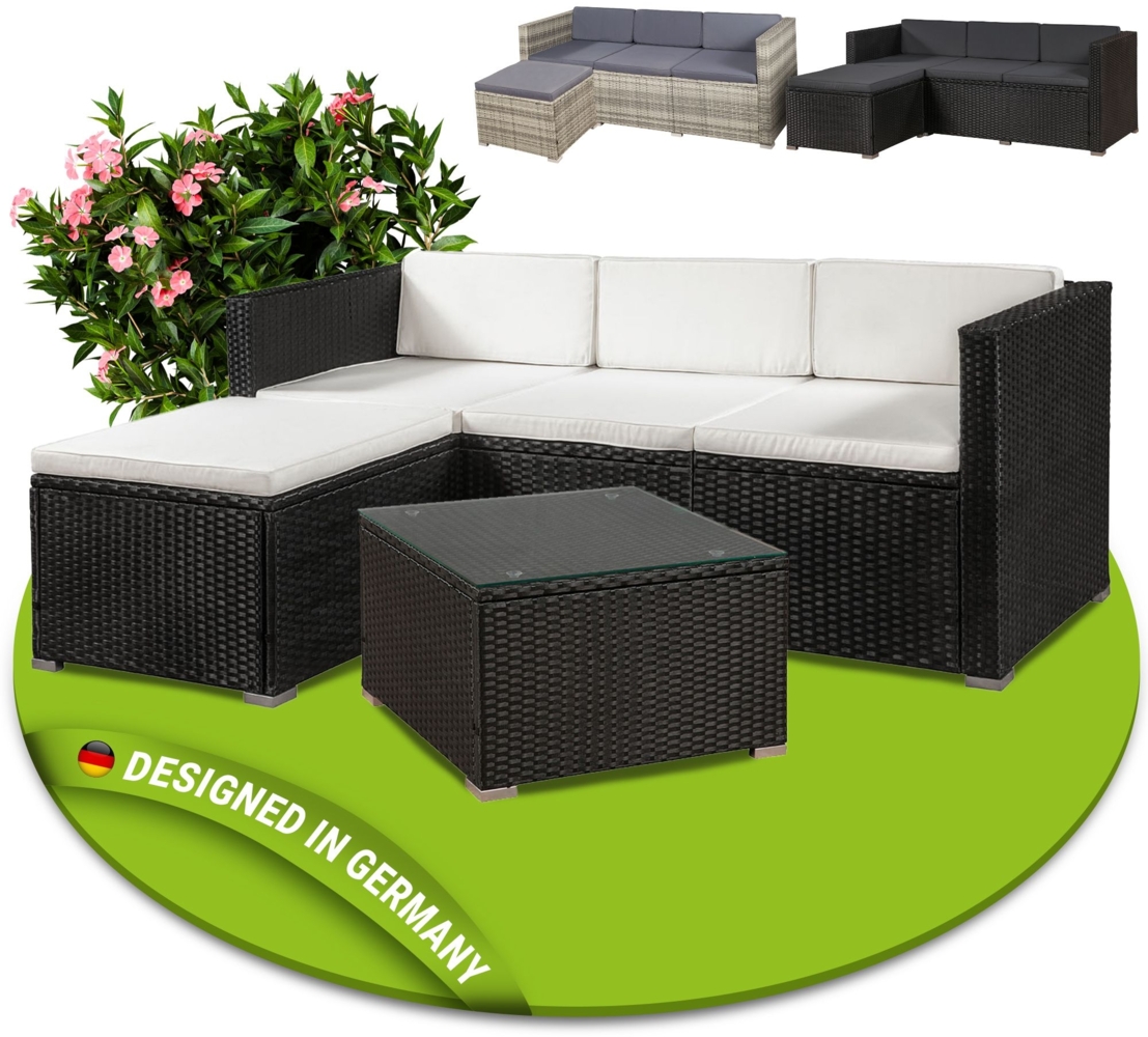 Juskys Polyrattan Lounge Punta Cana M schwarz – Gartenlounge Set für 3-4 Personen – Sitzgruppe mit Sofa, Tisch & Hocker - Sitzbezüge in Creme Bild 1