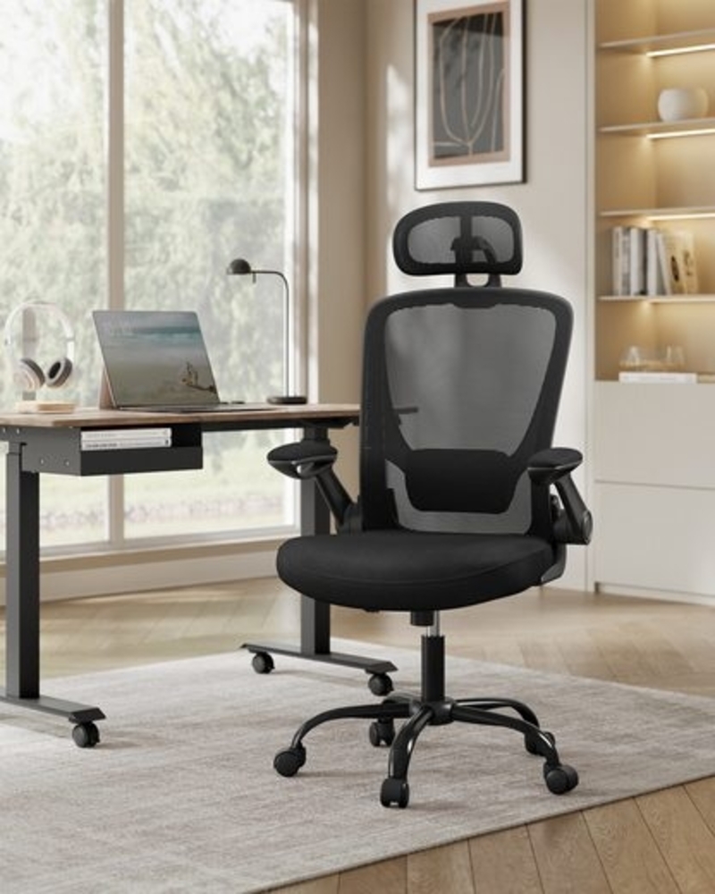 Songmics Bürostuhl ergonomisch, mit Mesh, gepolsterte Lendenstütze, Wippfunktion, klappbare Armlehnen, Kopfstütze, Kunststoff, Schaumstoff, Nylon, Stahl, tintenschwarz, 64x64 x (115-130) cm Bild 1