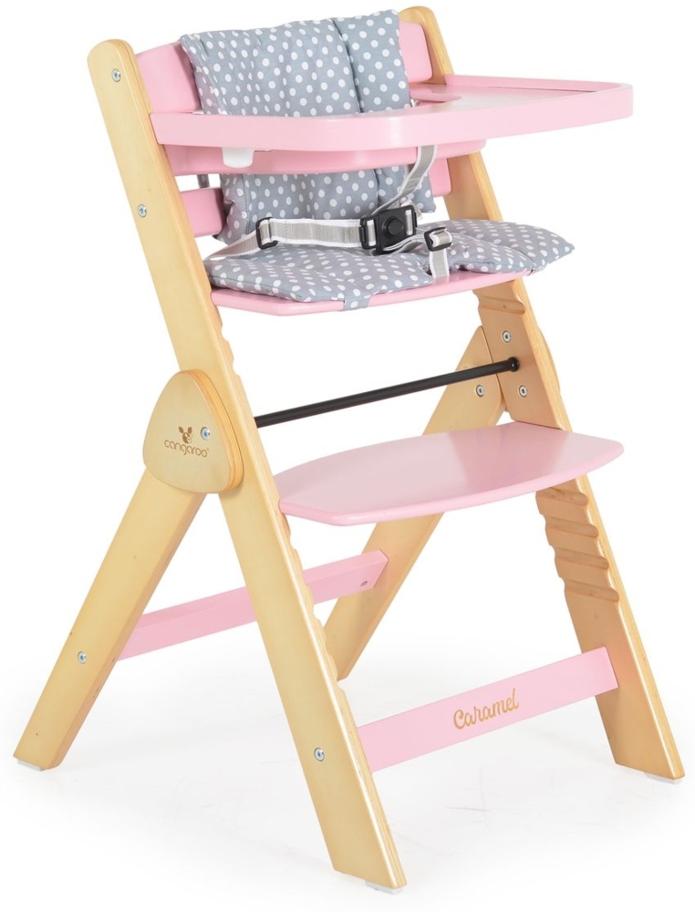 Cangarro Kinderhochstuhl Caramel Holz, Kissen, klappbar, Fußstütze, 3-Punkt-Gurt rosa Bild 1