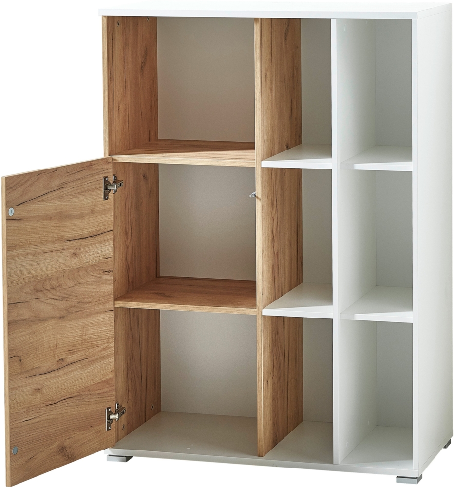 bümö Homy Aktenschrank & Regal Kombination, Büroschrank klein aus Holz 85cm breit in Weiß-Eiche - Schrank mit Aktenregal für's Büro & Homeoffice Ordnerschrank, HYASK-513 Bild 1