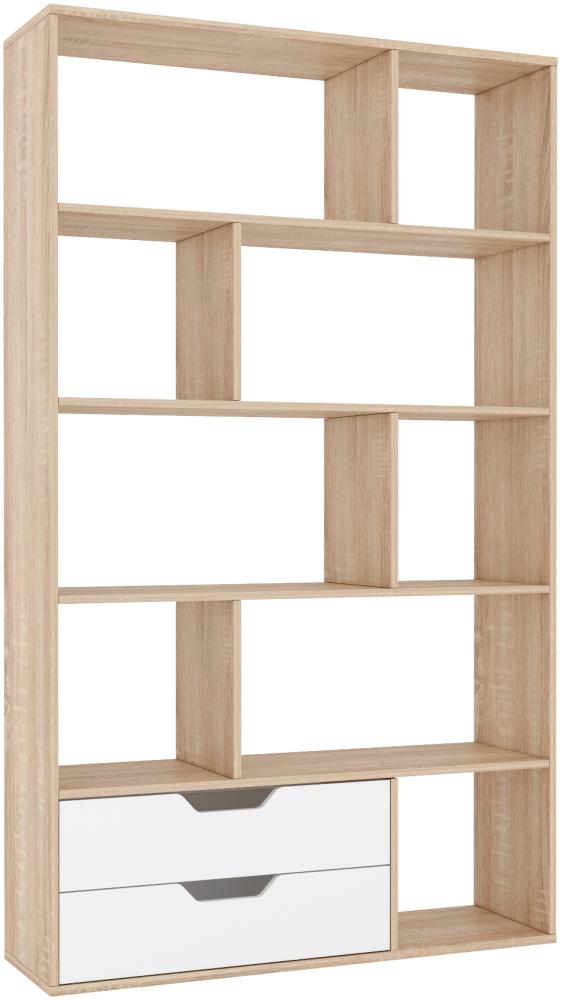 Domando Bücherregal Sirmione Modern für Wohnzimmer Breite 110cm, versetzte Regalwände in Sonoma Eiche und Weiß Matt Bild 1