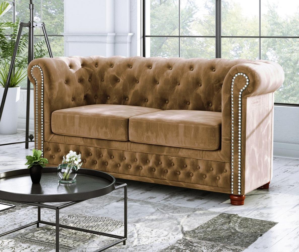 S-Style Möbel Chesterfield-Sofa Leeds 2-Sitzer aus Samt-Stoff mit Holzfüßen, mit Wellenfederung Bild 1