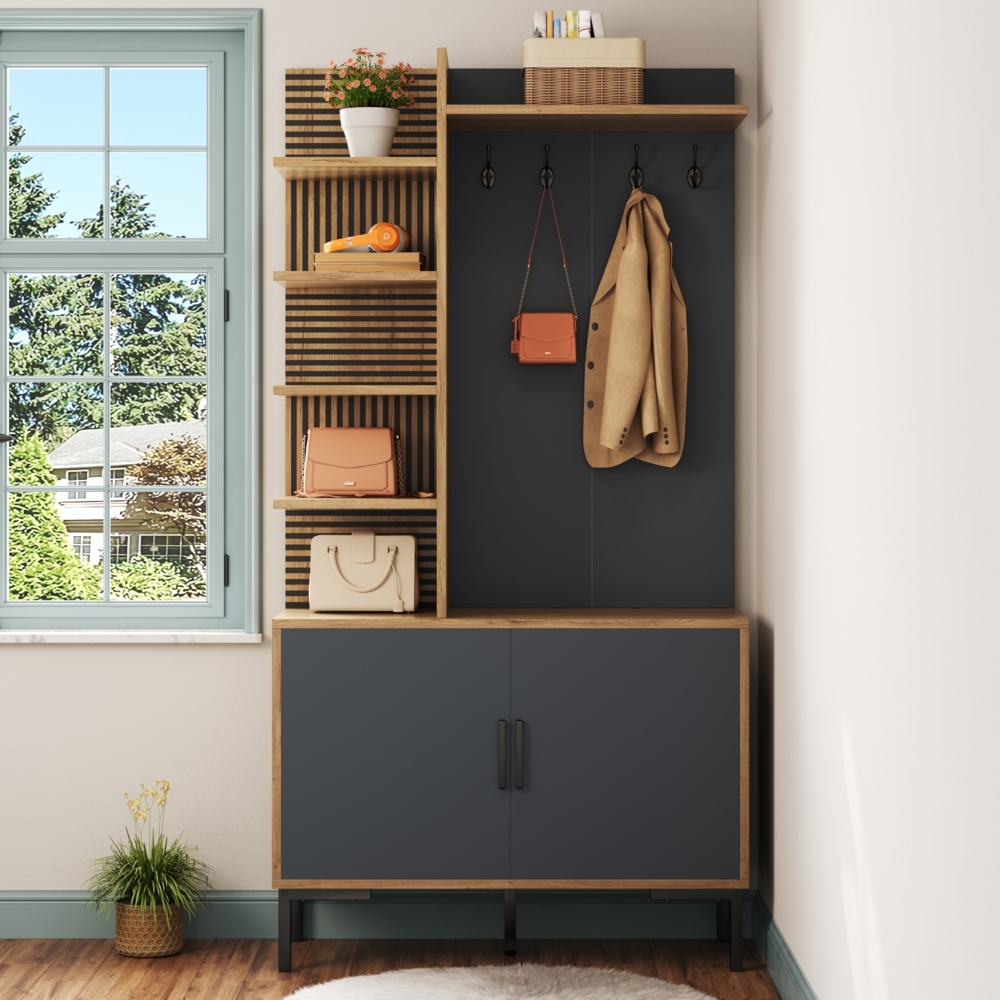 Kommode kompakt Natural mit Haken, verstellbarem Regal und seitlichen Ablagen, Holz und Schwarz, 100 x 40 x 190.5 cm Bild 1