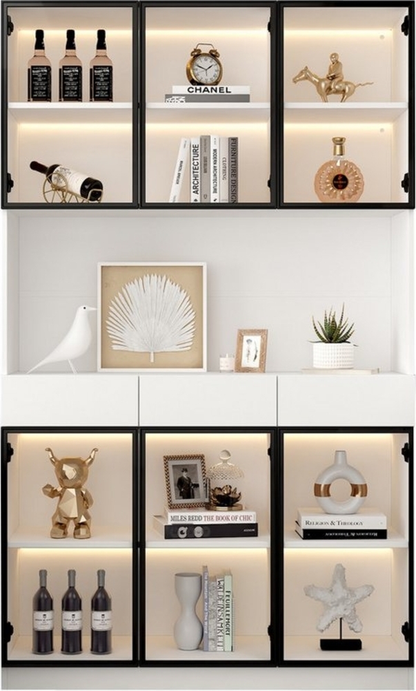 OKWISH Vitrine mit Ausreichender Speicherplatz (Aufbewahrungsregale, Bücherregal Vitrine, Display Regal, 1-St, 1 Vitrine, 6 Türen, 3 Schublade, 1 offene Fächer) mit Pop-up Glastüren, 16 verschiedene Lichteinstellungen Bild 1