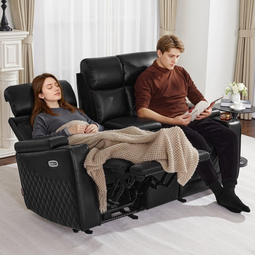 M MCombo 2 Sitzer Fernsehsessel Elektrisch Verstellbar, Zero-Gravity-Kinosessel mit Konsole & LED, Verstellbare Kopfstütze, 2 Sitzer Sofa mit Schlaffunktion, 35D Vollschaum-Sitzkissen 7705 (Schwarz) Bild 1