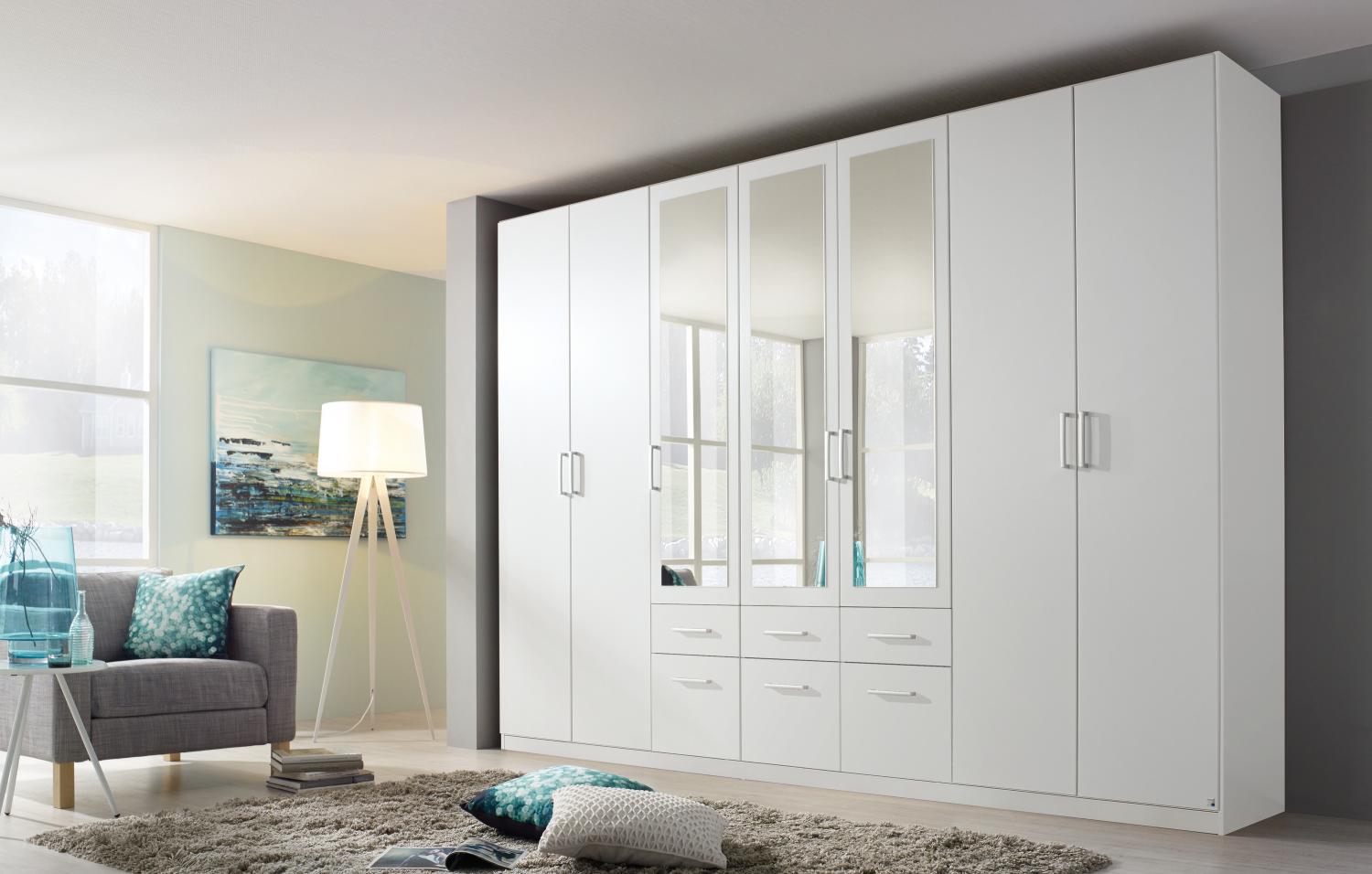 rauch Kleiderschrank, Drehtürenschrank BINGEN, 7-türig, 3 Spiegeltüren teilaufgelegt, 6 Schubkästen, Alpinweiß, 315 x 229 x 54 cm Bild 1