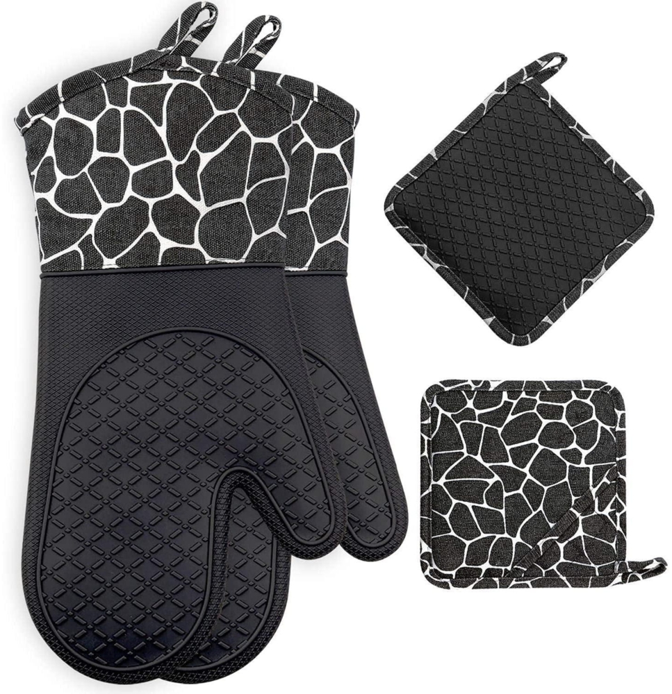 Topfhandschuhe Set Silikon/Baumwolle hitzebeständig 1 Paar+2 Topflappen Schwarz Bild 1