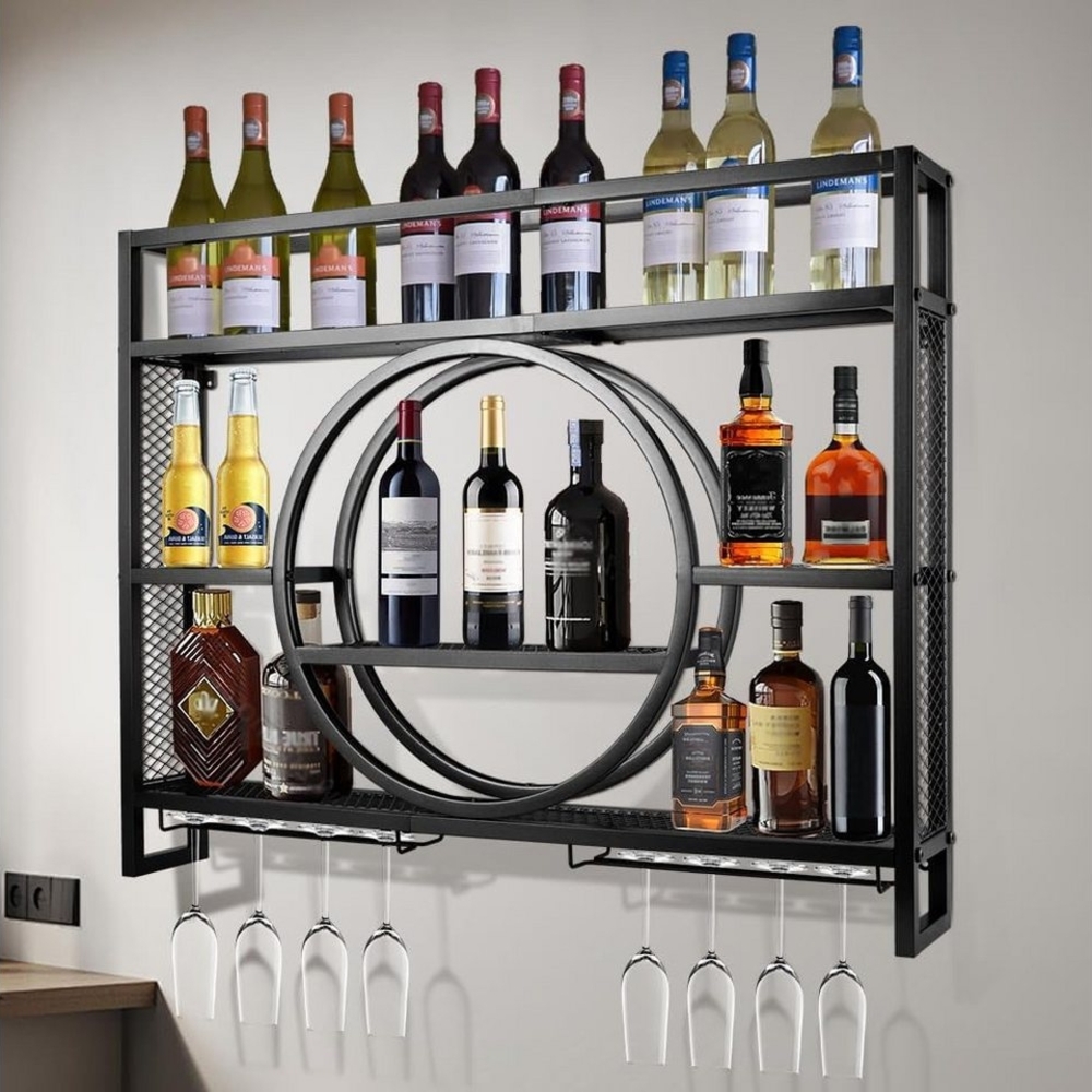 XERSEK Weinregal Wandmontierte Metal Flaschenregal Schwarz Gold Wein Regal Rack Schrank, Platz für 30 Flaschen, Maximale Belastung 50 kg, Klassischer Stil, 3 Ebenen, Aus Kohlenstoffstahl Bild 1