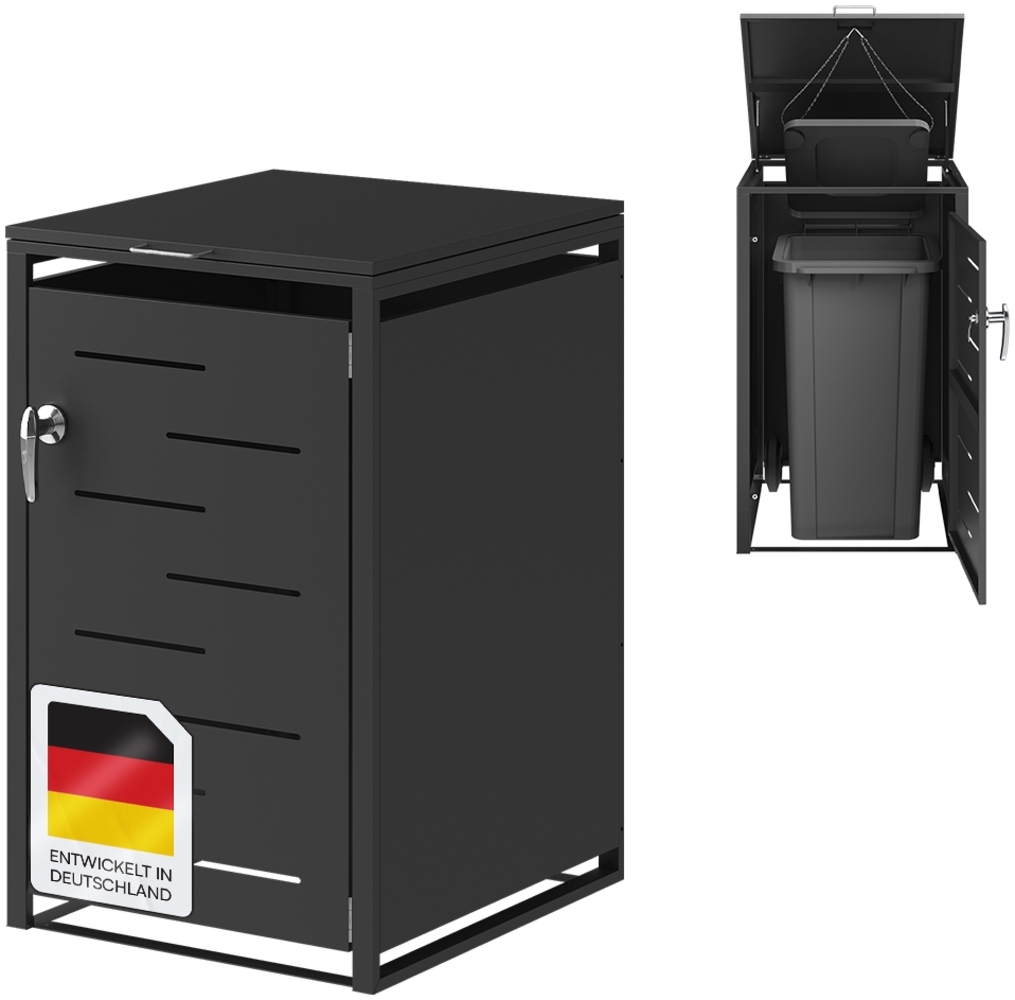 STEELSØN 'Diorus' Mülltonnenbox für 1 Tonne je 240 Liter, graphitschwarz, aus Stahl mit Sichtstreifen, wetterfest, 116x80x68 cm, abschließbar Bild 1