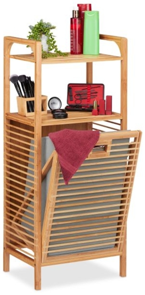 Relaxdays Badregal mit Wäschekorb, Bambus natur / grau, 40 x 30 x 95 cm Bild 1