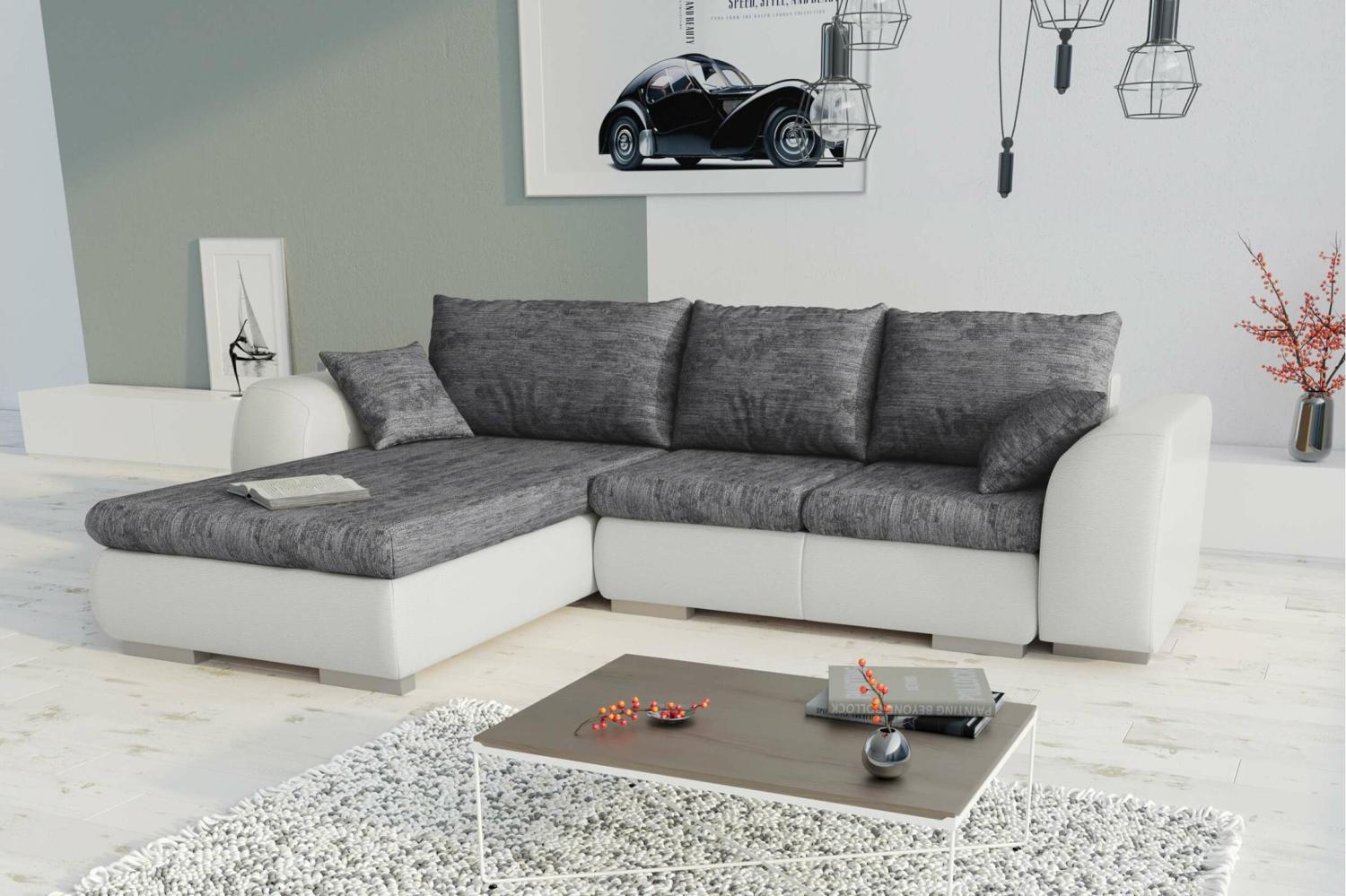 Stylefy Salturo Ecksofa Strukturstoff BERLIN Kunstleder MADRYT Grau Weiß Links Bild 1